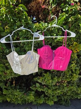 2 Pack Women's Faux Leather Corset Crop Tops Pink Silver Size Small Y2K Style